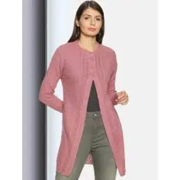 Womens Pink Self Designed Long Sleeves Long Cardigan 